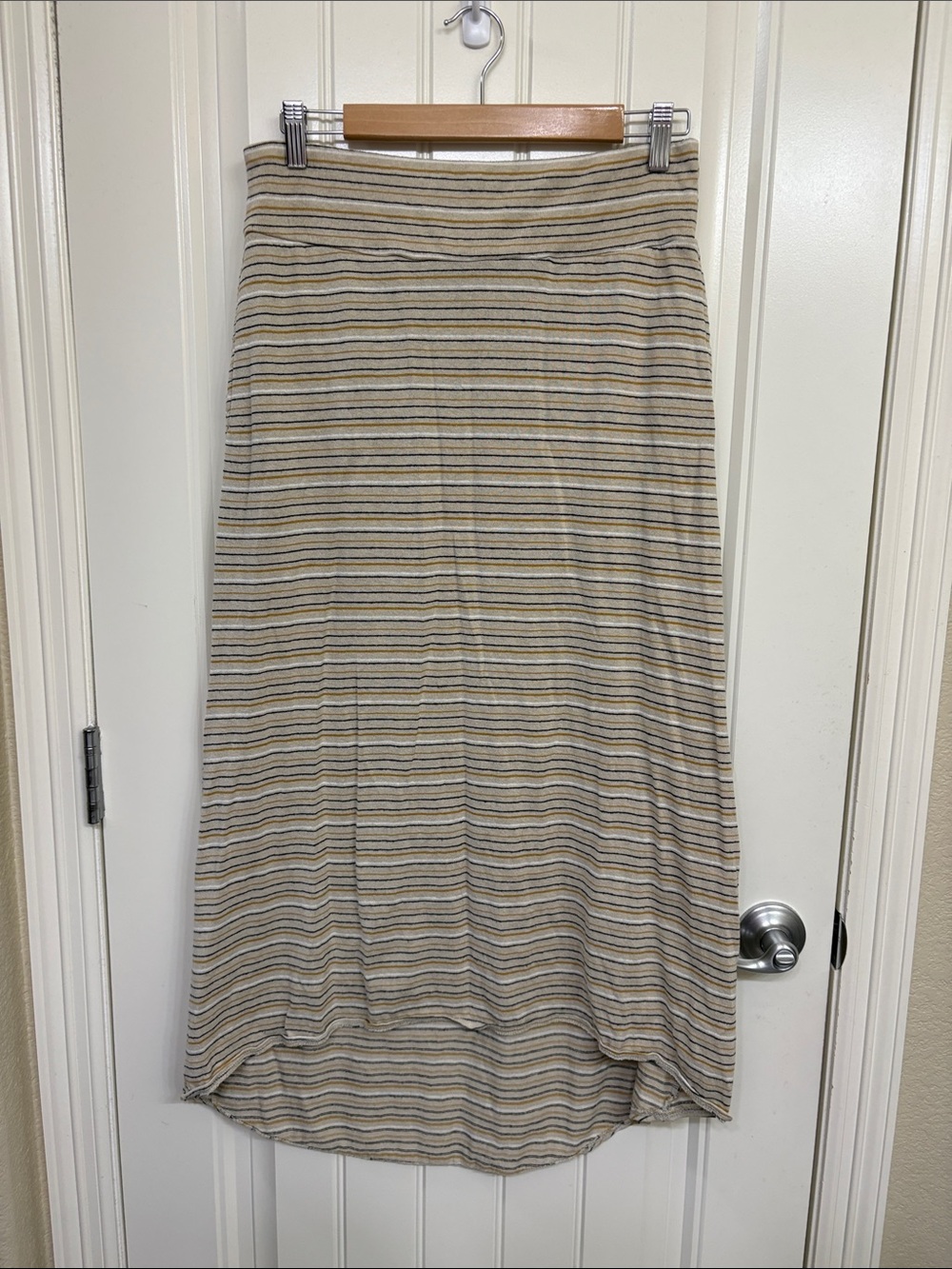Prana Neutral Striped High-Low‎ Skirt in Beige and Gray